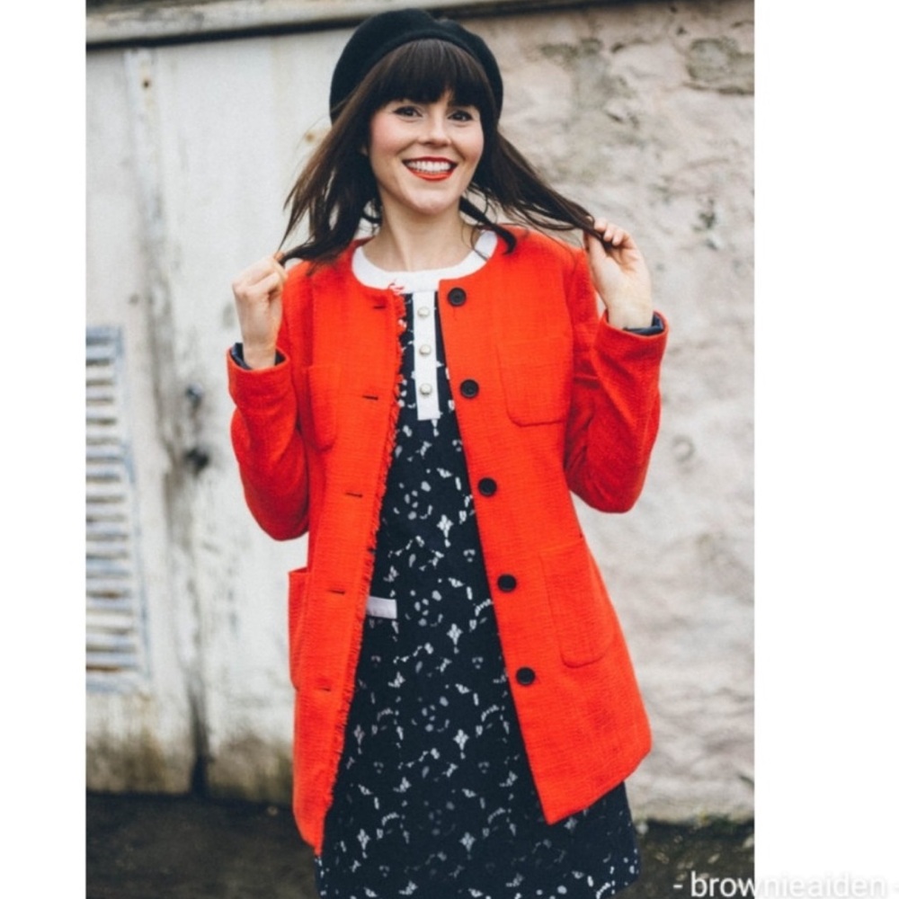 Karl Lagerfeld Paris NWOT Red Tweed Fringe Blazer Jacket Size 10 Longline